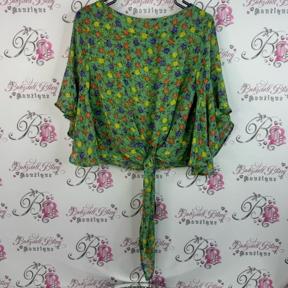 Shirt bell bottom sleeves flowy yellow purple orange Floral Green Women's Top